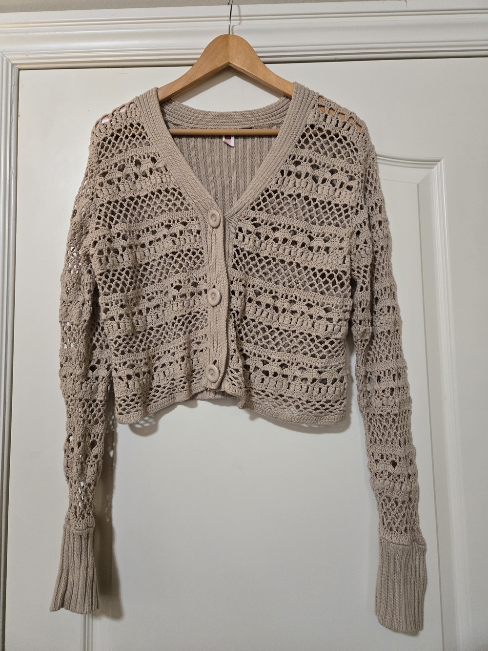 Tapemeasure Cropped Open-Knit Button Cardigan Sweater - Beige